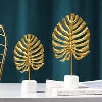 Metal Ginkgo Leaf & Monstera Leaf Figurine Ornaments with Crystal Ball Base for Home Decor