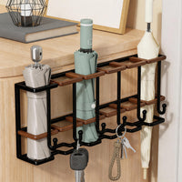 Wall-Mounted Umbrella Holder with Drip Tray and Hooks for Home Entryway