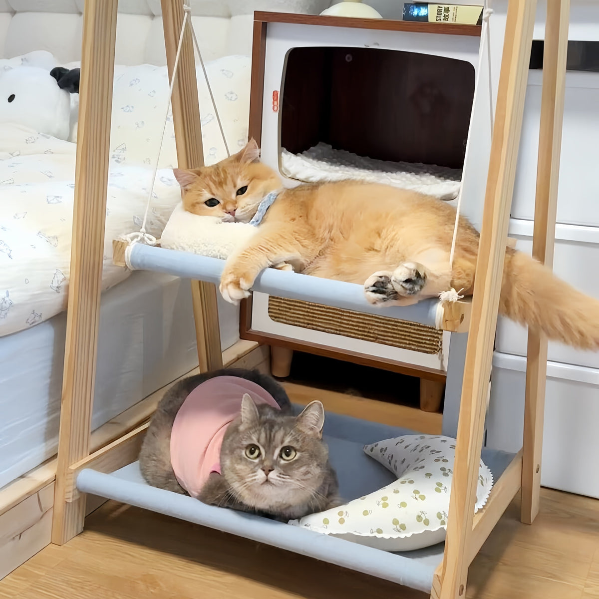 Double-Layer Triangle Cat Hammock Bed with Removable Washable Cushion, All-Season Wooden Hanging Pet Swing