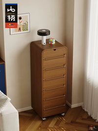 Vintage Chinese Style Solid Wood 7-Drawer Cabinet with Wheels, Narrow Storage Chest for Living Room