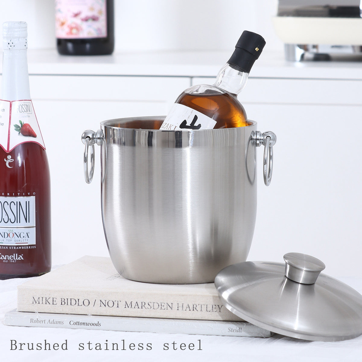 European Style 304 Stainless Steel Double-Layer Ice Bucket Champagne Wine Cooler with Ice Tongs for Hotel Display