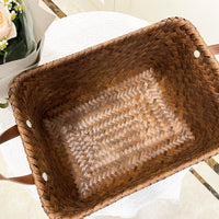 American Style Woven Storage Basket with PU Handles for Laundry and Toys