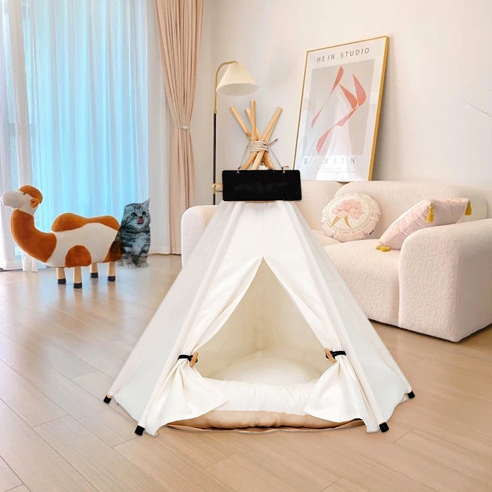 Wooden Pet Teepee Bed for Cats and Small Dogs, Foldable Indoor Pet Tent House