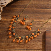 Bohemian Floral Tassel Necklace & Earrings Set with Rhinestones