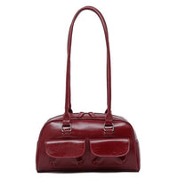 Korean Style Oiled Leather Bowling Bag Multi-Pocket Shoulder Tote