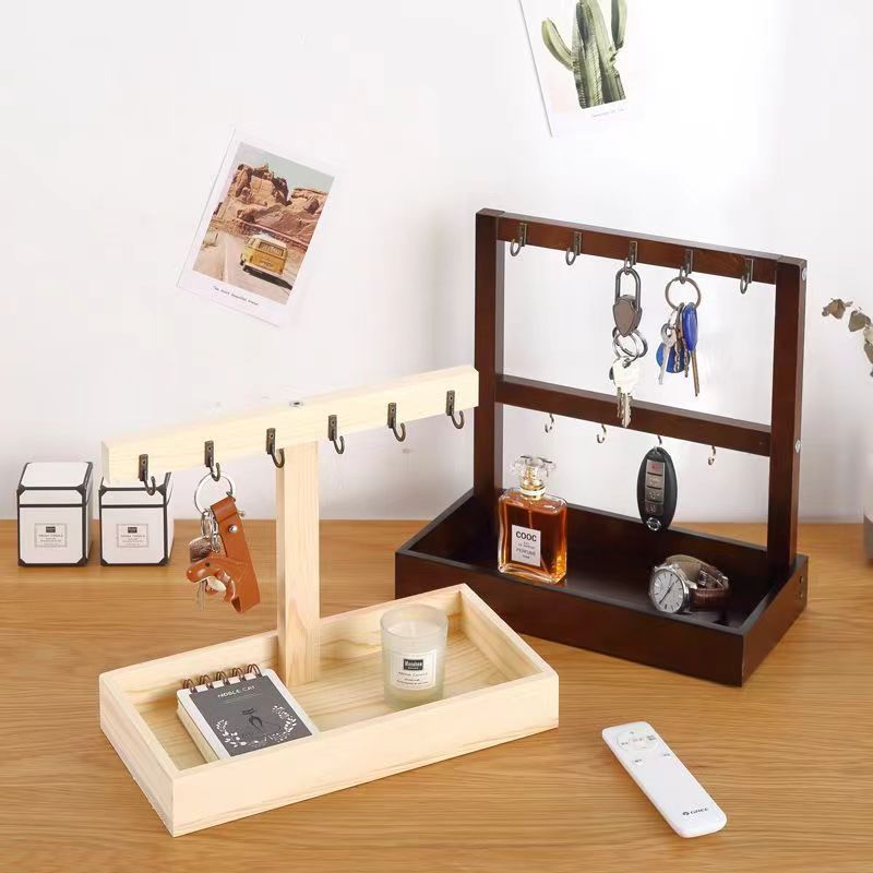 Wooden Entryway Key Holder with Storage Tray for Jewelry and Small Items