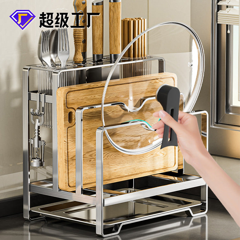 Stainless Steel Knife Holder Kitchen Organizer Chopping Board Rack Pot Lid Holder Countertop Cutlery Utensil Storage Rack
