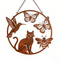 Rusted Metal Cat, Bird, Butterfly, Bee Garden Decor - Weatherproof Steel Outdoor Wall Art