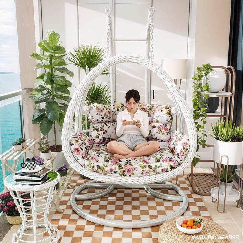 Outdoor Indoor Wicker Swing Chair with Stand, Rattan Hanging Basket Seat for Patio Balcony Garden