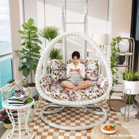 Outdoor Indoor Wicker Swing Chair with Stand, Rattan Hanging Basket Seat for Patio Balcony Garden