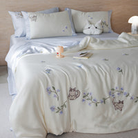 Tencel Lyocell Cat Print 4-Piece Bedding Set for Summer, Silky Smooth and Cool