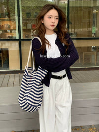 Luself "Happy Puppy" Striped Canvas Tote Bag, Large Capacity Embroidered Shoulder Bag