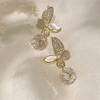 Vintage Zircon Butterfly Shell Dangle Earrings