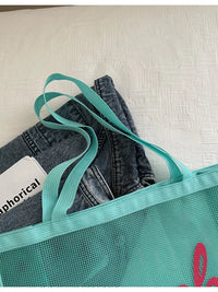 Mesh Beach Tote Bag with Letter Print, Large Capacity Transparent Shopping Swim Bag