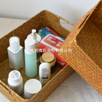 Woven Straw Rectangular Storage Basket for Organizing, Bamboo Wicker Basket for Sundries, Cosmetics, and Decorations