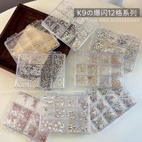 12-Grid Nail Art Rhinestone & Pearl Assortment with Zirconia, Shaped Drills, and Bowknot Cross Charms