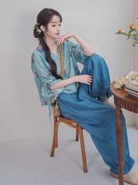 Tang Palace Night Banquet Hanfu Inspired Zen Tea Suit for Women - Improved Chinese Style Top and Wide-Leg Pants Set