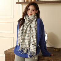 Houndstooth Wool Blend Scarf Shawl for Women, Autumn/Winter Cotton Printed Scarf