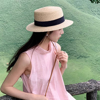 French Flat Top Straw Hat for Women - Summer Sun Protection Beach Vacation Fedora