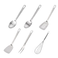 6-Piece Stainless Steel Outdoor Cooking Utensil Set with Spoon, Slotted Spoon, Spatula, Fork, and Whisk
