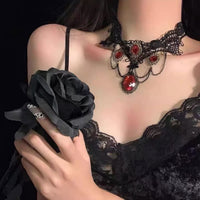 Gothic Ruby Teardrop Lace Necklace & Earrings Set for Halloween