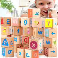 Kids' Educational Wooden Alphabet Cube Building Blocks - 26 Letters, Six-Sided Pictures