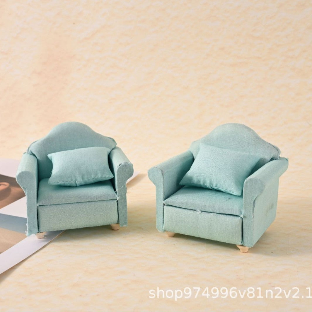 1:12 Dollhouse Miniature Living Room Furniture Set, Solid Color Fabric Green Sofa