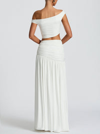 Women's Asymmetric Crop Top & Ruched Metallic Decor Maxi Skirt Two-Piece Set