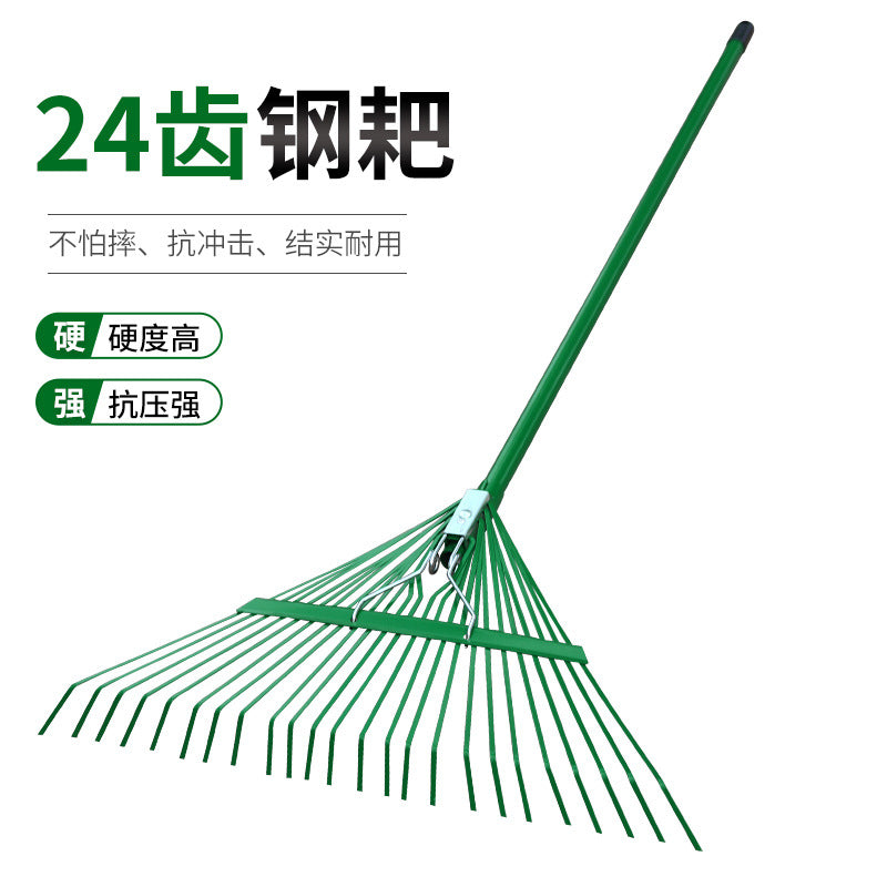 24-Tooth Steel Rake with Reinforced Handle for Gardening and Leaf Cleanup