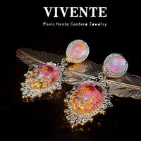 New Chinese Style Amber Dried Flower Waterdrop Gold-Plated S925 Sterling Silver Earrings