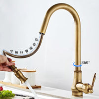 European Style Pull-Out Kitchen Faucet with Hot & Cold Water, Anti-Splash, Brass Retro Design