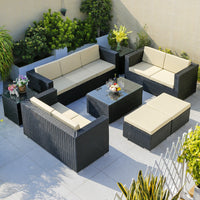 Outdoor Patio Wicker Sofa Set with Coffee Table, All-Weather Rattan Sectional Furniture for Balcony Garden
