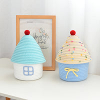 Hand-Woven Cotton Rope House-Shaped Storage Basket with Lid for Home Decor