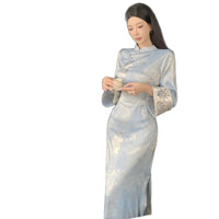 New Chinese Style Blue Printed Cheongsam Dress with Bamboo Leaf Pattern