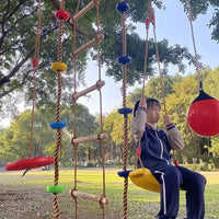 Kids' Outdoor Climbing Rope Swing with Gymnastic Rings and Wooden Ladder for Sensory Training
