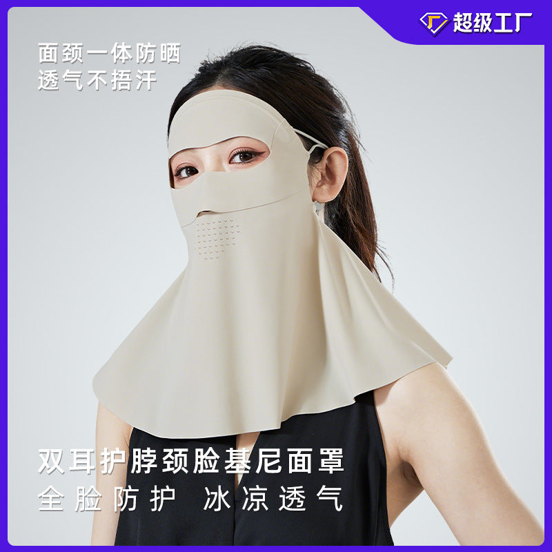 Summer UV Protection Full Face Mask with Neck Cover for Women, Breathable Ice Silk Sunscreen Balaclava