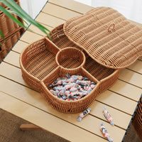 Handwoven Rattan-Style Divided Snack and Nut Serving Basket with Lid