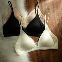 Kbra Milk Satin French Deep V-Neck Bralette for Women, Thin Straps, Seamless, Wireless Triangle Cup Bra