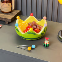 Dopamine Watermelon Ceramic Fruit Plate with Stainless Steel Forks for Living Room Coffee Table Snacks