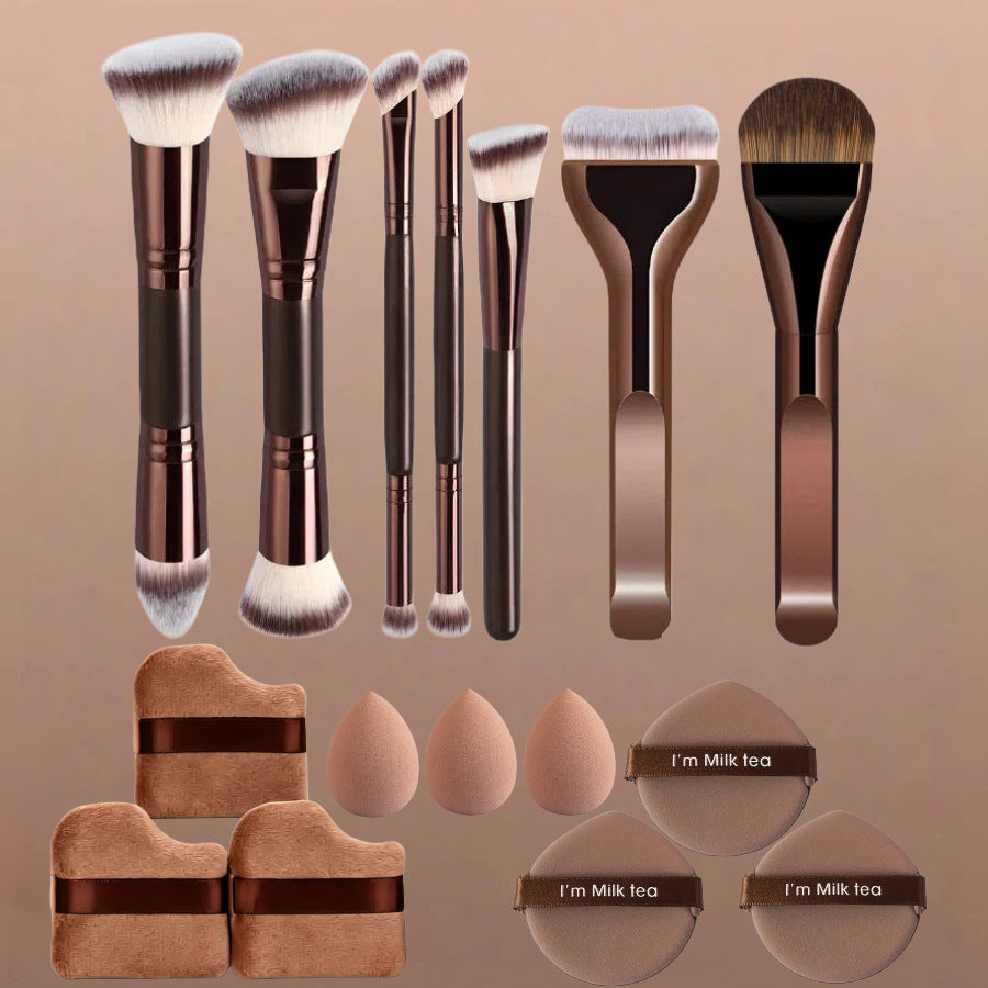 Dual-Ended Makeup Brush Set with Foundation, Blush, and Powder Brushes