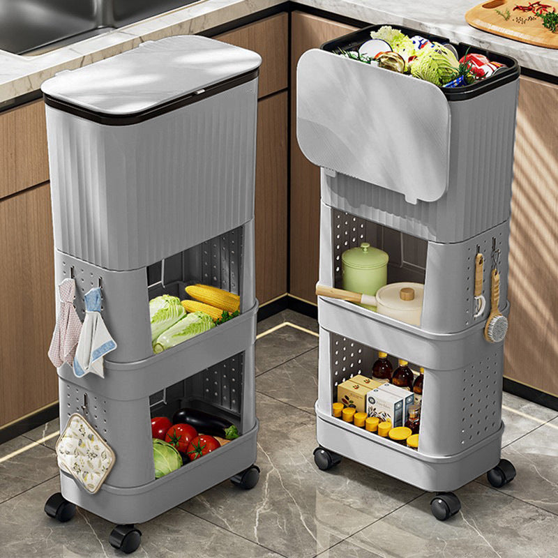 Tall Kitchen Trash Can with Lid, Large Capacity Movable Household Waste Bin, No-Bending Slide-Lid Japanese Style Storage Rack