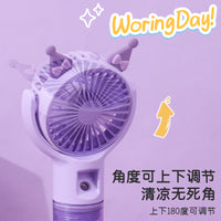 Portable Cartoon Rechargeable Mini Fan with Spray Mist and Phone Holder for Students