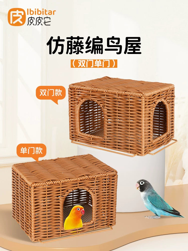 Woven Rattan Birdhouse with Ladder and Cushion - All-Season Parrot Nest