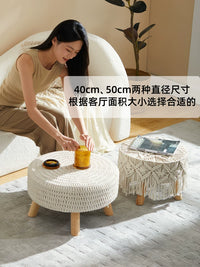 Nordic Solid Wood Stool with Cotton Rope Woven Seat, Japanese Style Round Ottoman for Living Room, Coffee Table, or Sofa Footrest