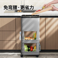 Tall Kitchen Trash Can with Lid, Large Capacity Movable Household Waste Bin, No-Bending Slide-Lid Japanese Style Storage Rack
