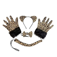 Leopard Print Cat Ear Headband Tail Gloves Set for Halloween Cosplay Party