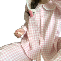 Women's Cloud Cotton Plaid Pajama Set with Doll Collar Long Sleeve