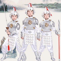 Kids Ancient Chinese General Costume White Armor Zhao Zilong Erlang Shen Soldier Performance Outfit