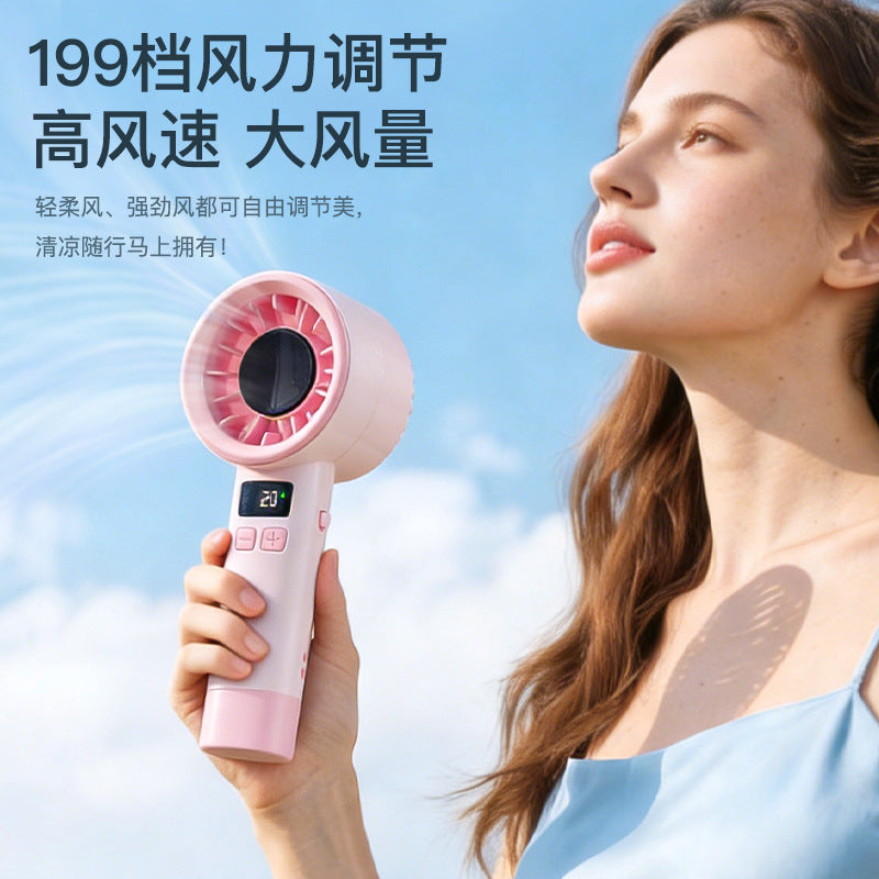 Portable USB Rechargeable Handheld Fan with Digital Display, 199-Speed Turbo Mini Fan with Lanyard