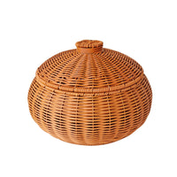 Handwoven Rattan Pumpkin-Shaped Storage Basket with Lid for Kitchen and Home Organization